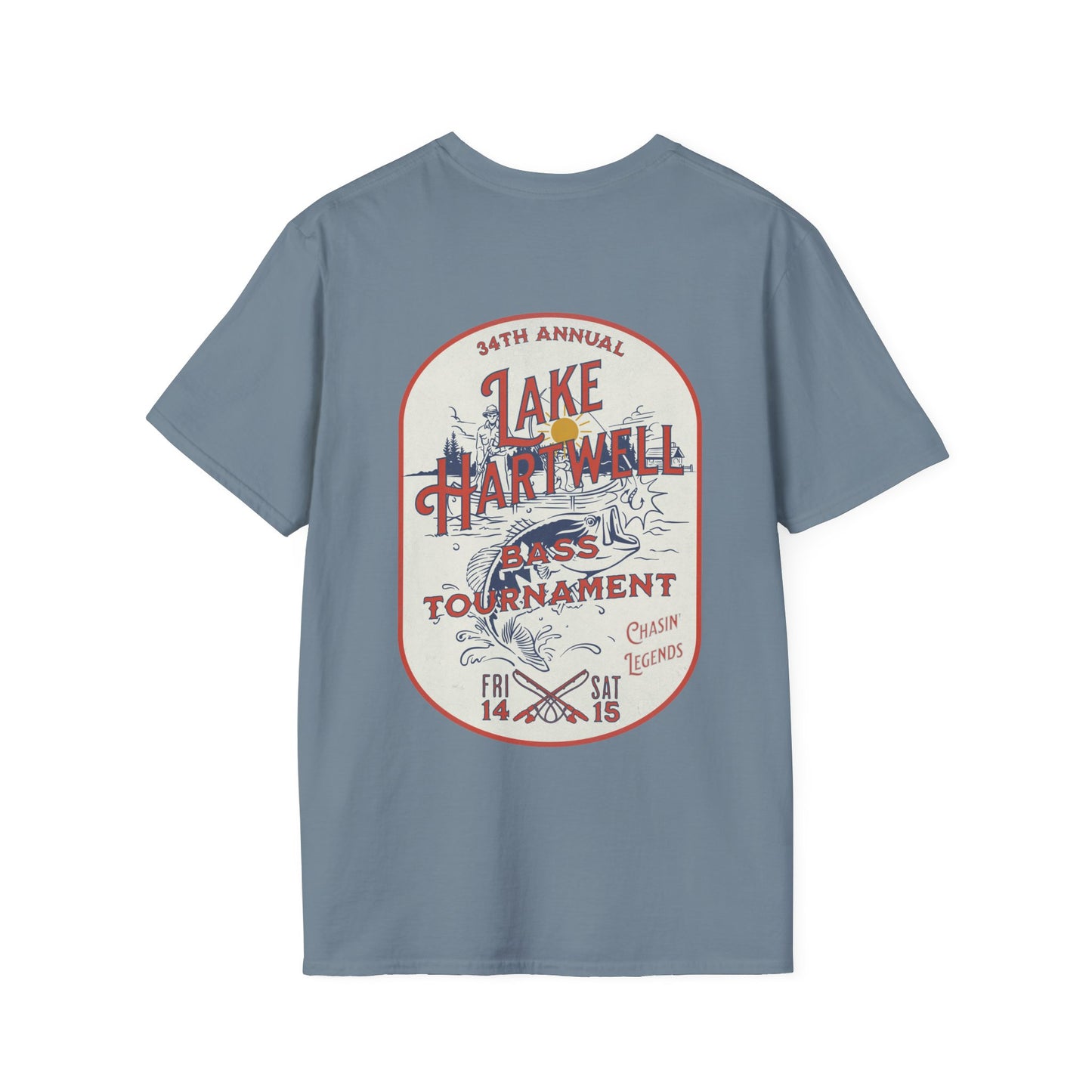 Back view of the Reelfly Outdoors Lake Hartwell Bass Tournament T-Shirt in the color Stone Blue.