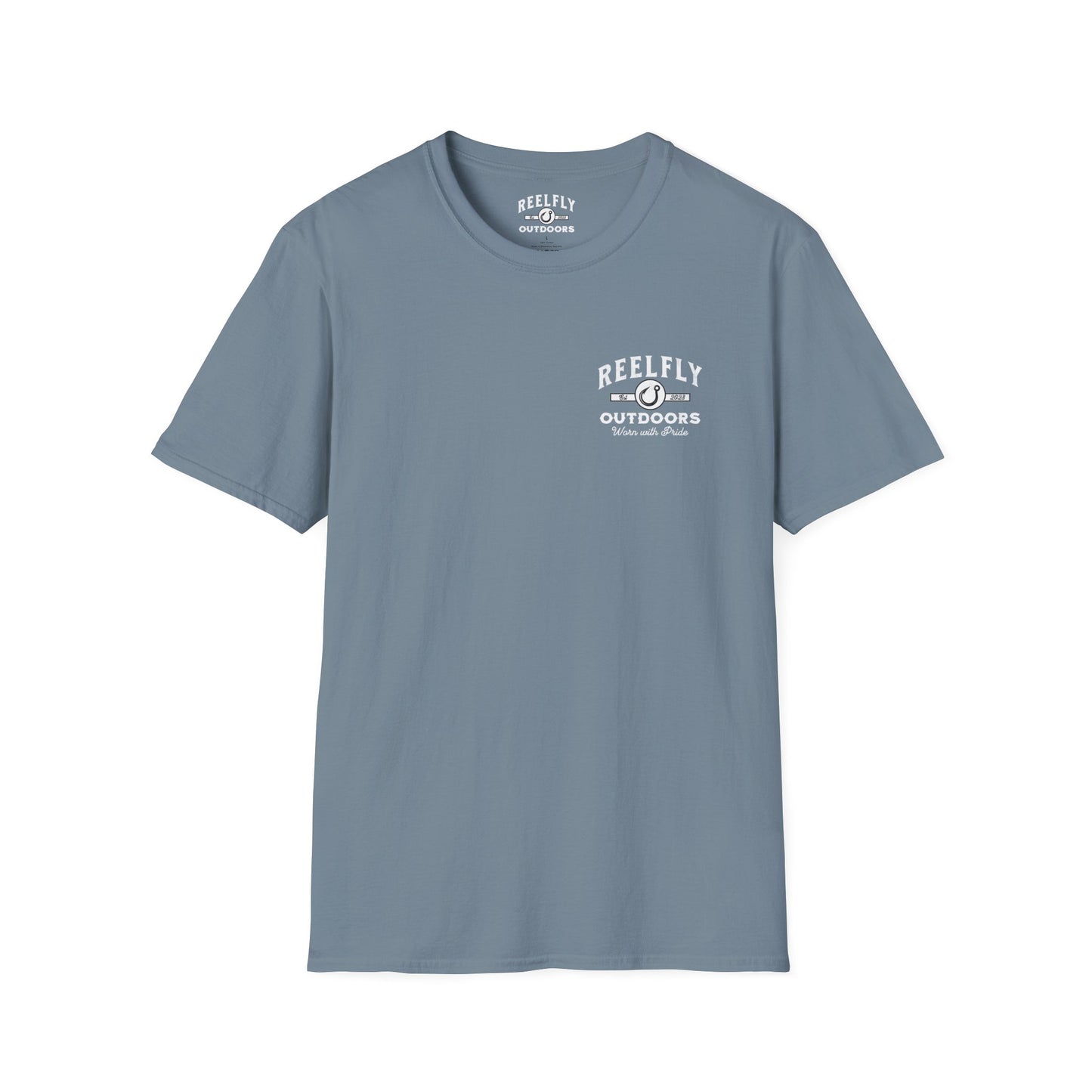 Front view of the Reelfly Outdoors Lake Hartwell Bass Tournament T-Shirt in the color Stone Blue.