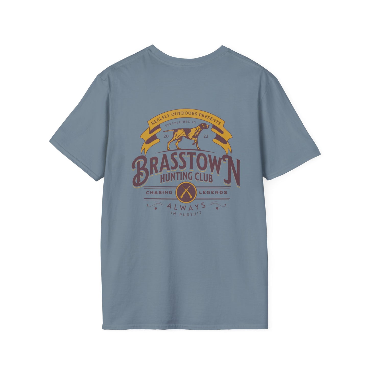 Back view of the Reelfly Outdoors Brasstown Hunting Club T-Shirt in the color Stone Blue.