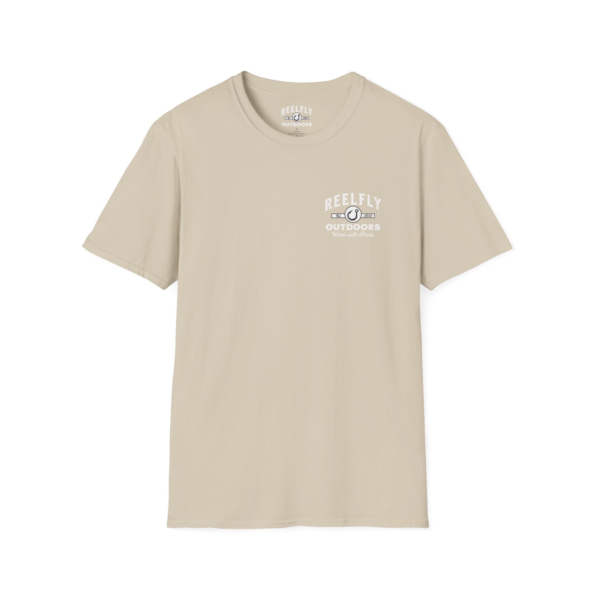 Front view of the Reelfly Outdoors Brasstown Hunting Club T-Shirt in the color Sand.