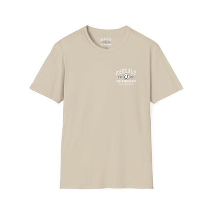 Front view of the Reelfly Outdoors Brasstown Hunting Club T-Shirt in the color Sand.