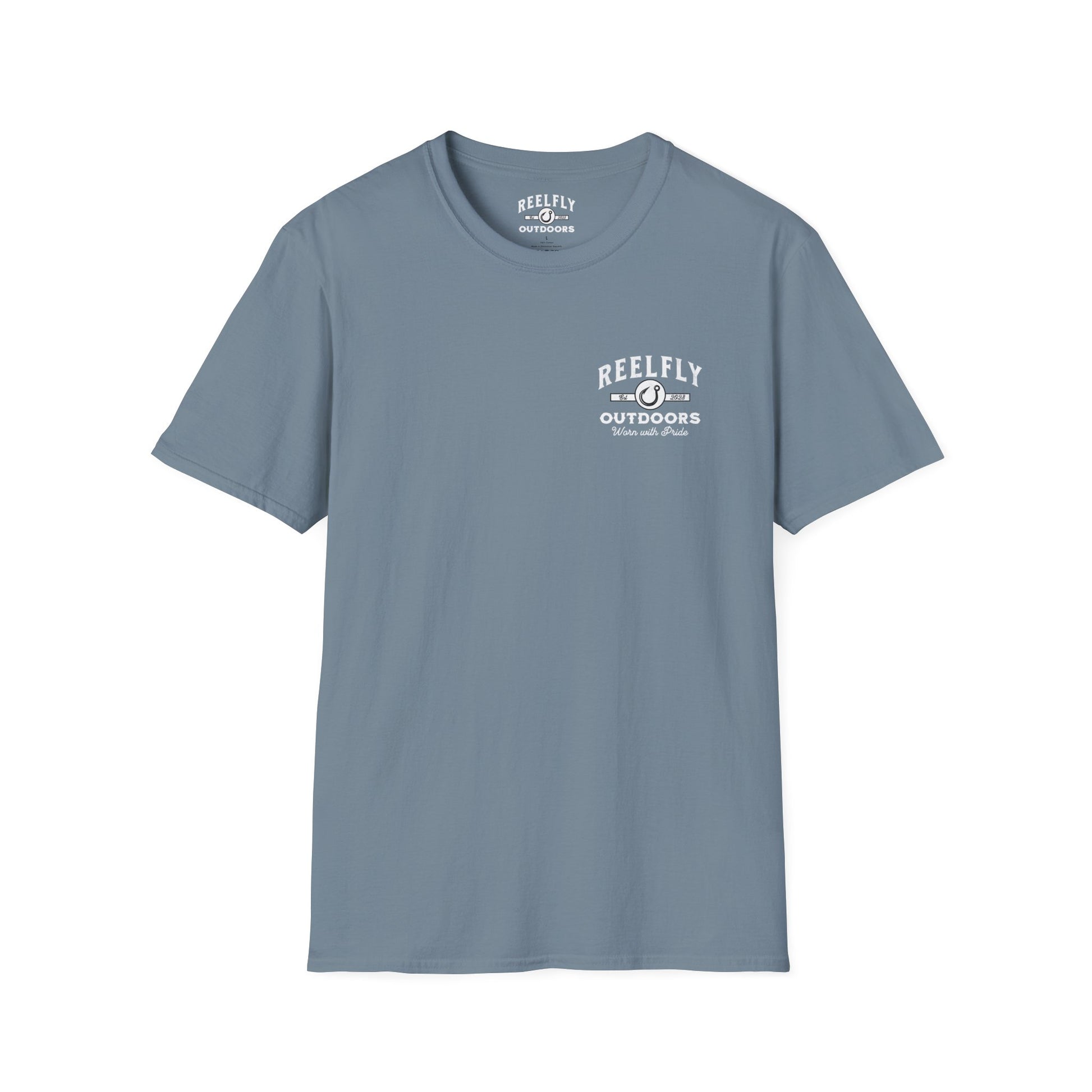 Front view of the Reelfly Outdoors Brasstown Hunting Club T-Shirt in the color Stone Blue.