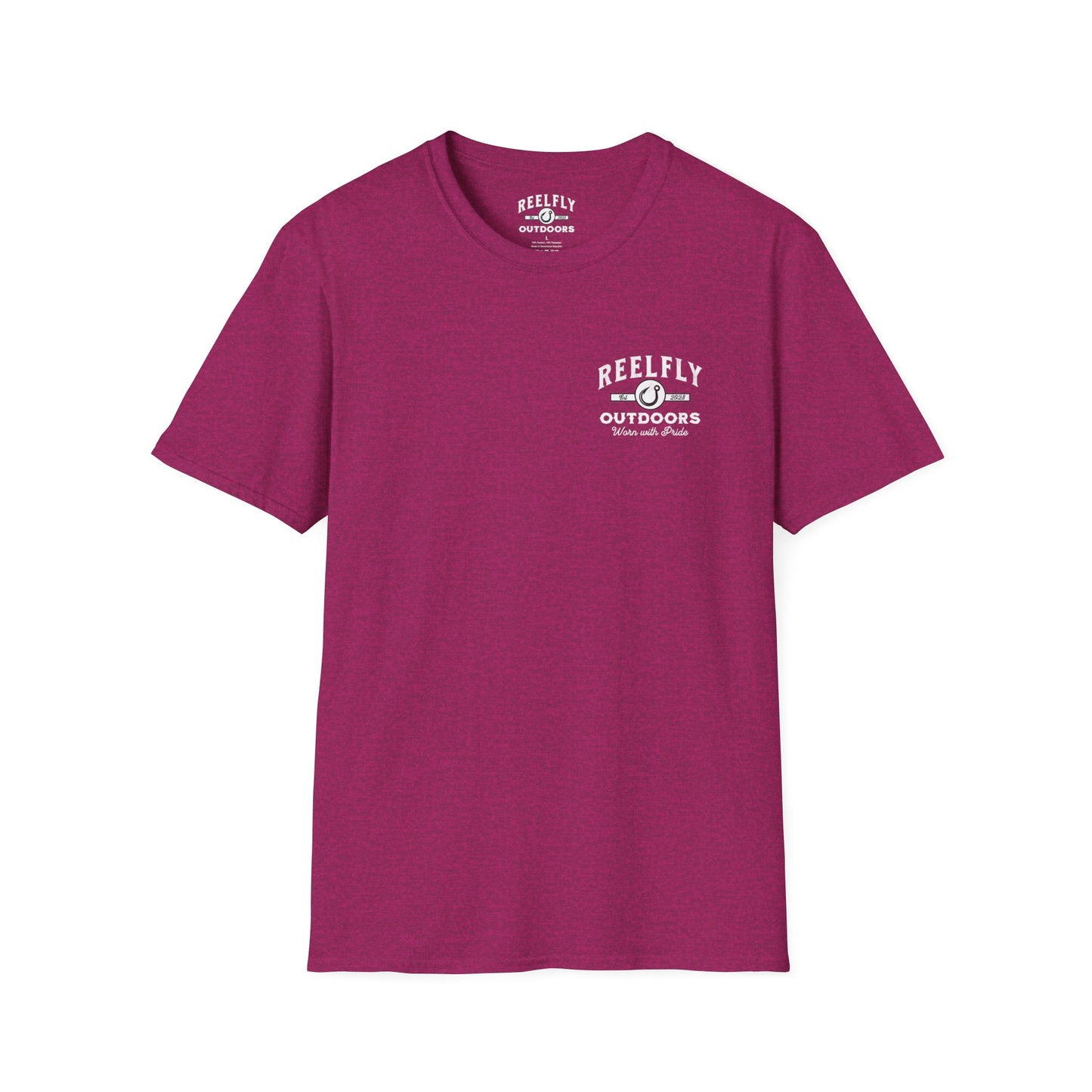 Front view of the Reelfly Outdoors Chasin Legends T-Shirt in the color Antique Heliconia.