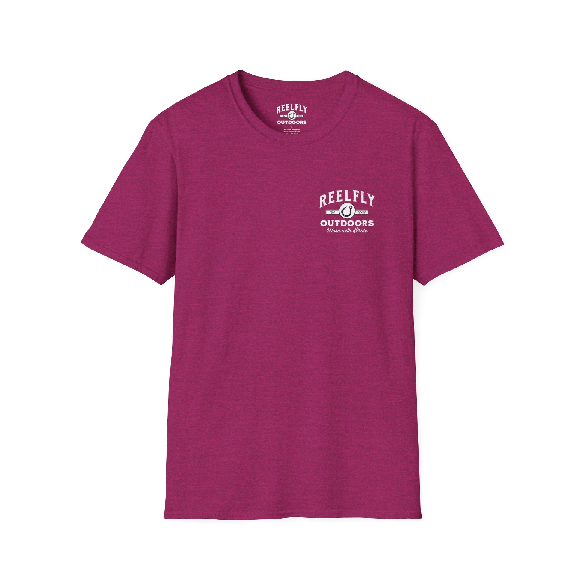 Front view of the Reelfly Outdoors Chasin Legends T-Shirt in the color Antique Heliconia.