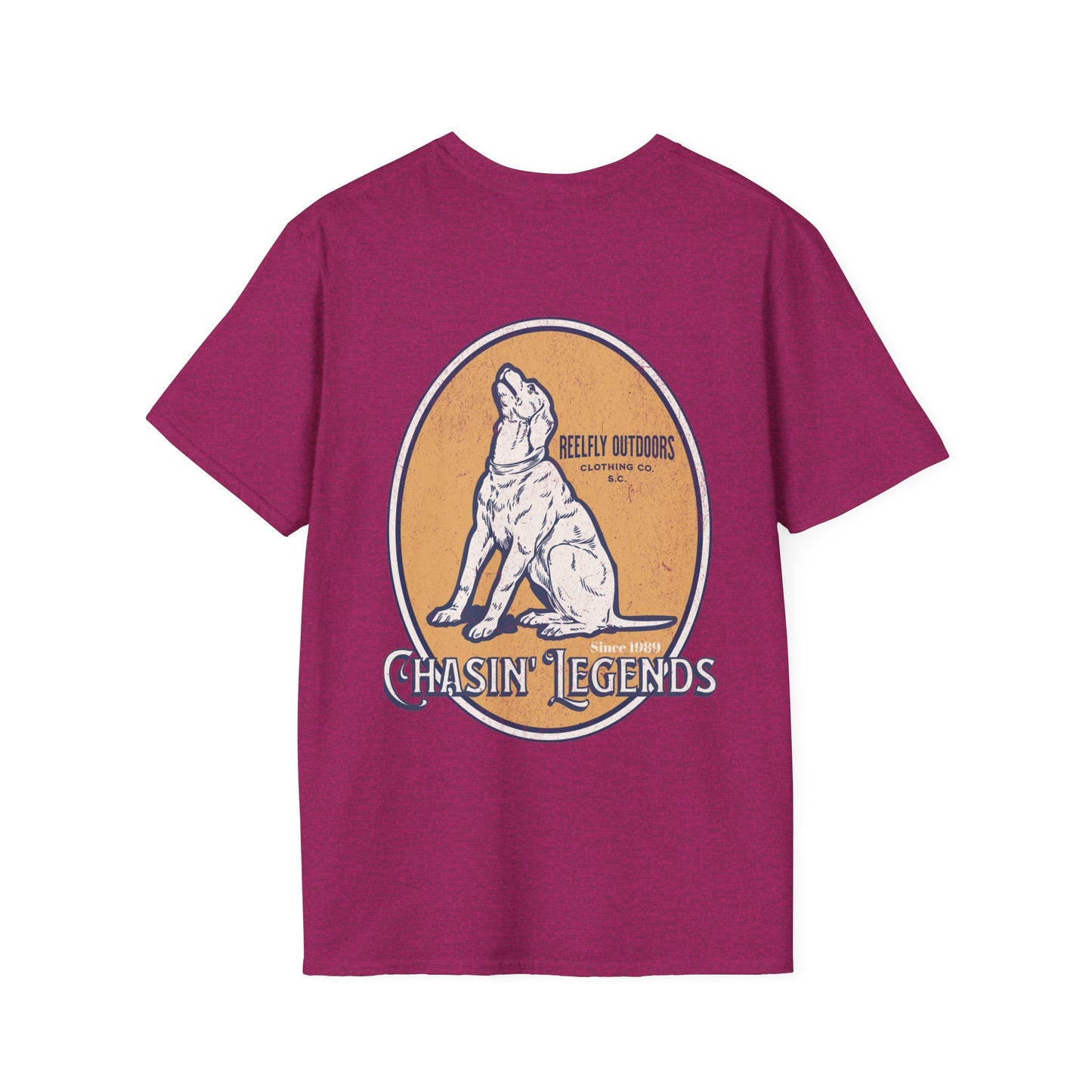 Back view of the Reelfly Outdoors Chasin Legends T-Shirt in the color Antique Heliconia.