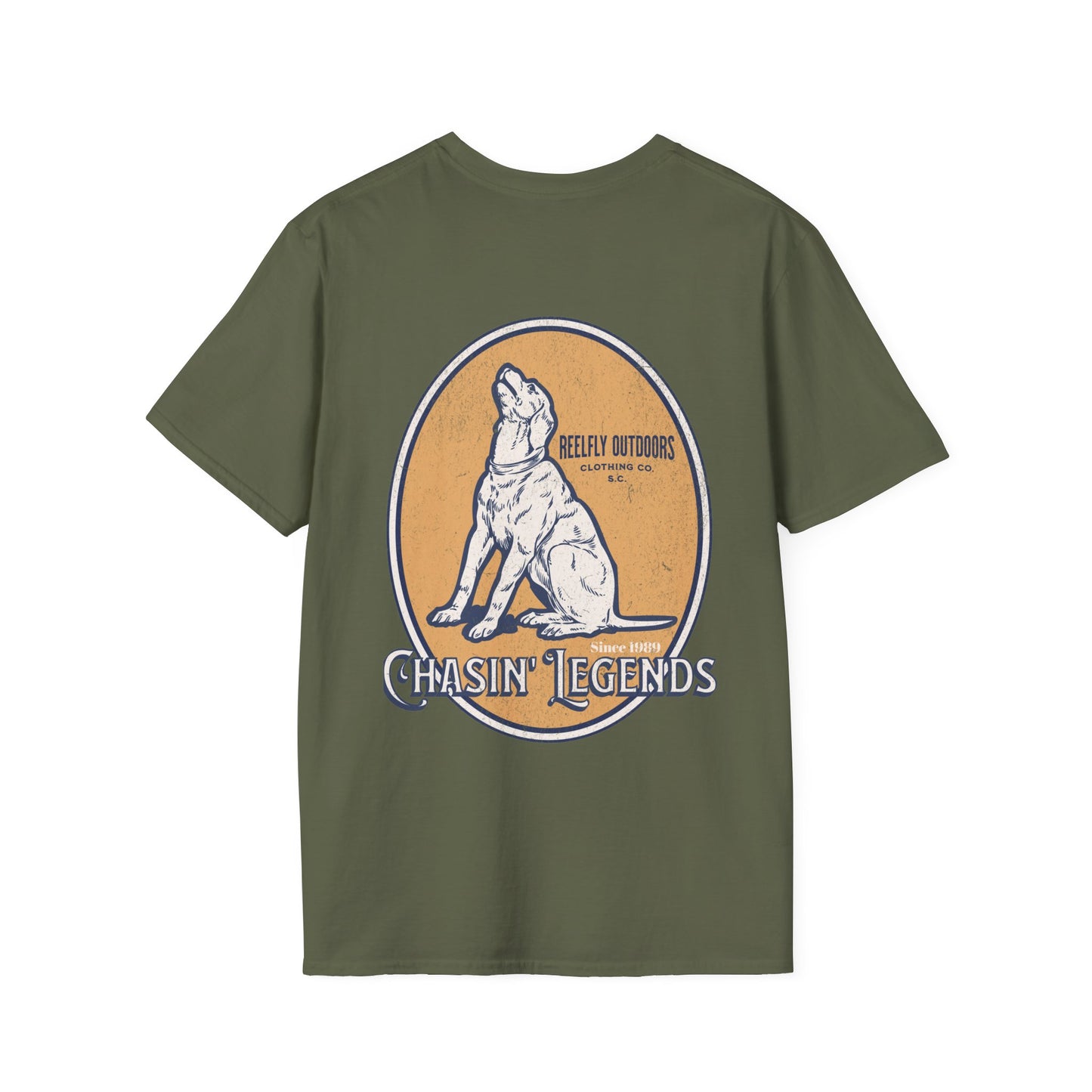 Back view of the Reelfly Outdoors Chasin Legends T-Shirt in the color Military Green.