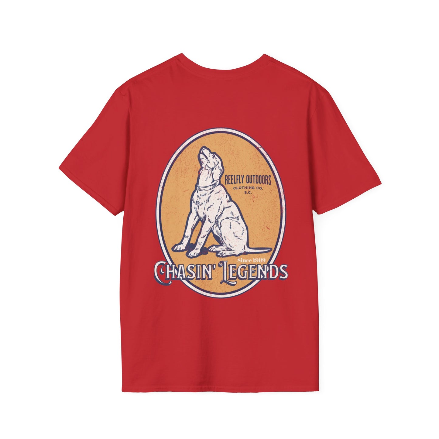 Back view of the Reelfly Outdoors Chasin Legends T-Shirt in the color Red.