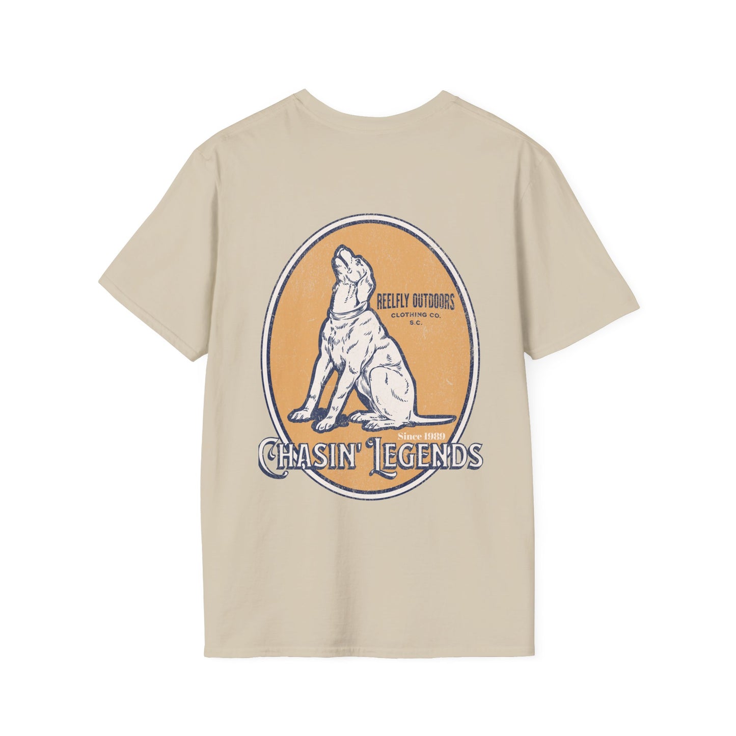 Back view of the Reelfly Outdoors Chasin Legends T-Shirt in the color Sand.