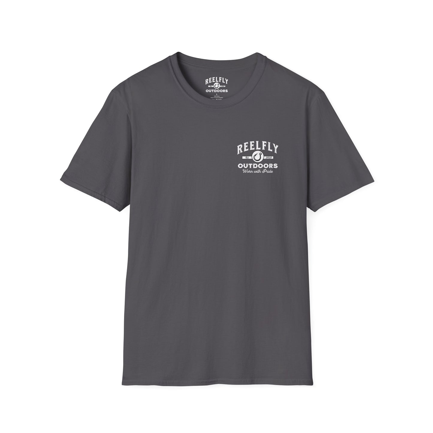 Front view of the Reelfly Outdoors Chasin Legends T-Shirt in the color Charcoal.