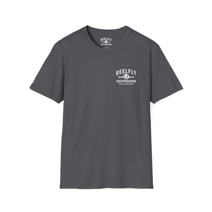 Front view of the Reelfly Outdoors Chasin Legends T-Shirt in the color Charcoal.