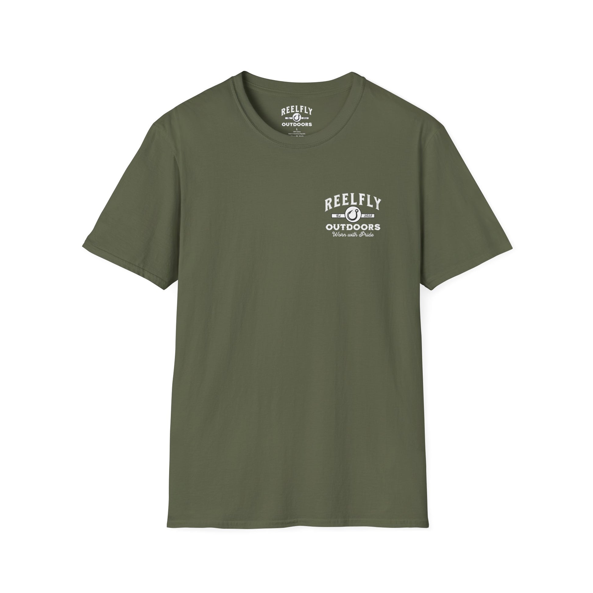 Front view of the Reelfly Outdoors Chasin Legends T-Shirt in the color Military Green.