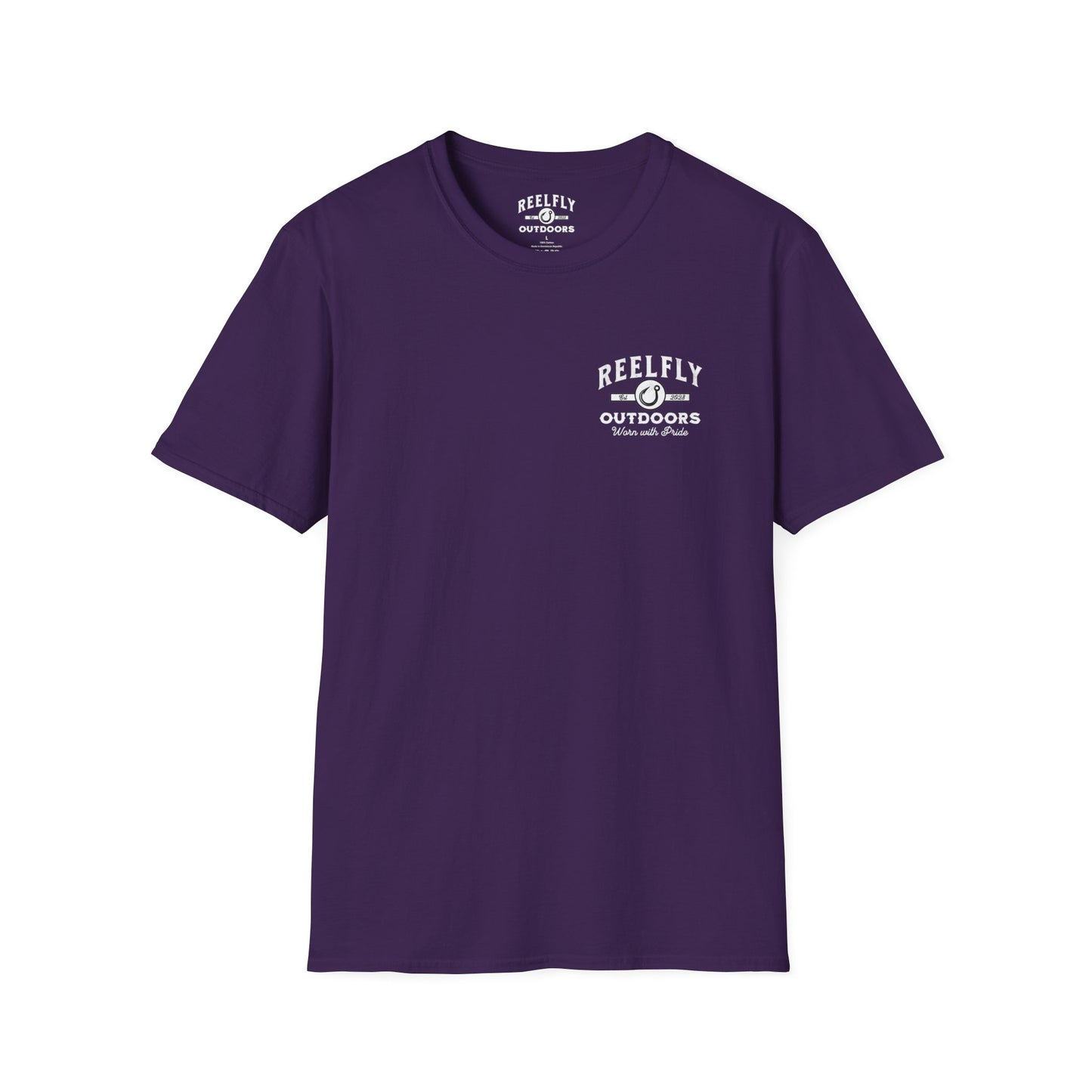 Front view of the Reelfly Outdoors Chasin Legends T-Shirt in the color Purple.