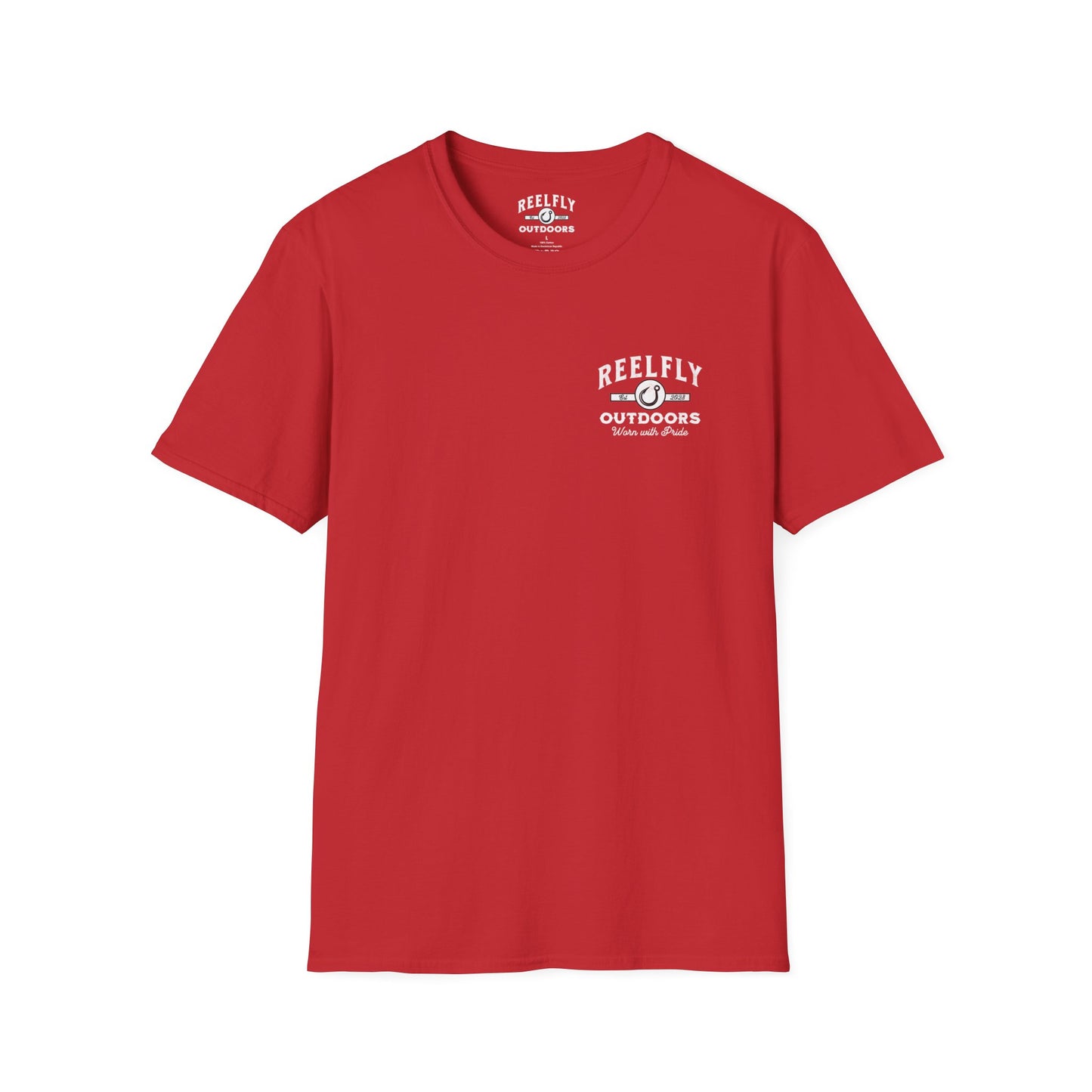 Front view of the Reelfly Outdoors Chasin Legends T-Shirt in the color Red.