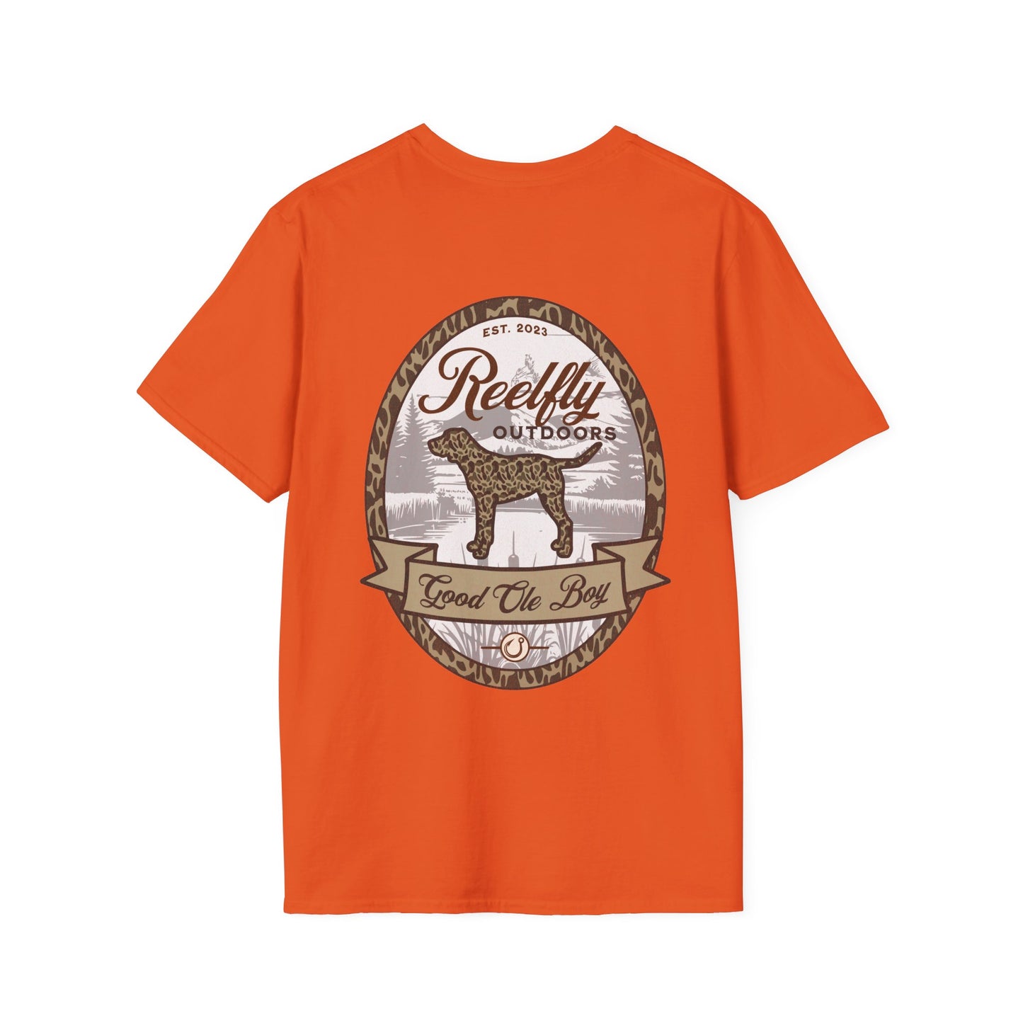 Back view of the Reelfly Outdoors Good Ole Boy T-Shirt in the color Orange.