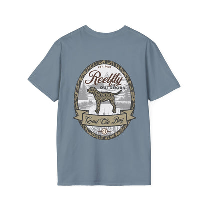 Back view of the Reelfly Outdoors Good Ole Boy T-Shirt in the color Stone Blue.