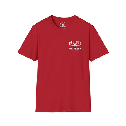 Front view of the Reelfly Outdoors Good Ole Boy T-Shirt in the color Cherry Red.