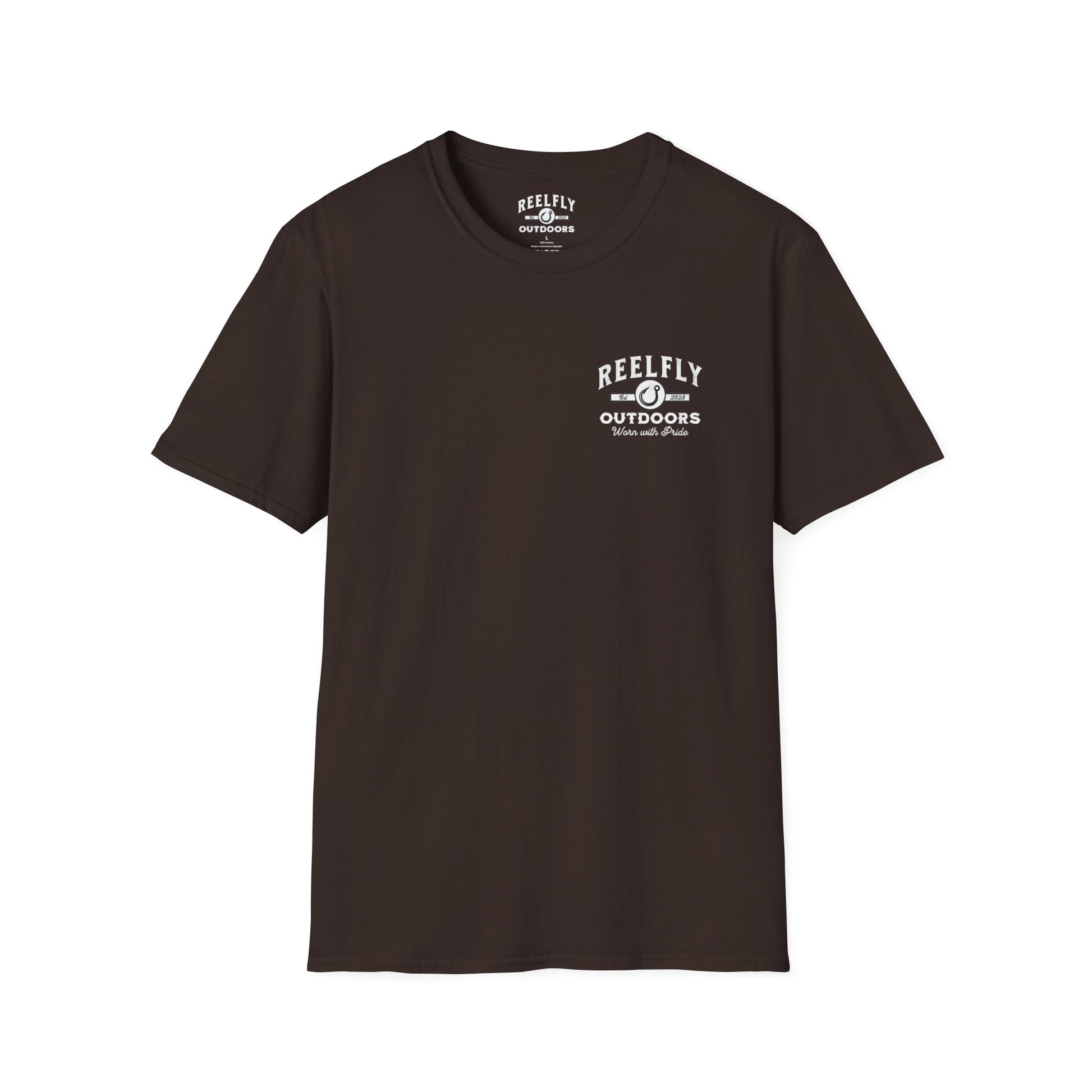 Front view of the Reelfly Outdoors Good Ole Boy T-Shirt in the color Dark Chocolate.