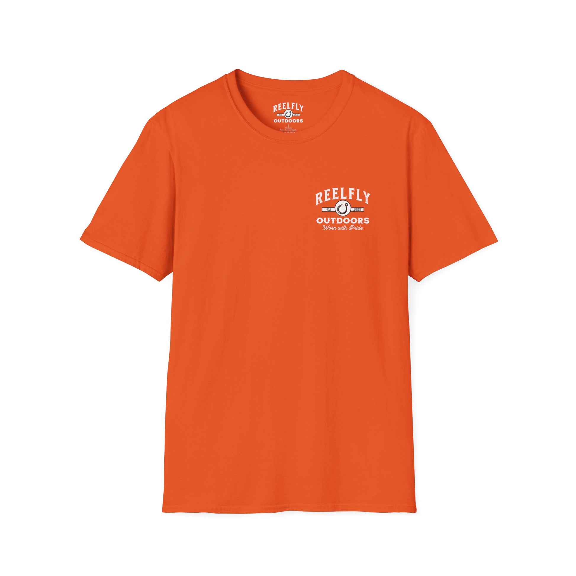 Front view of the Reelfly Outdoors Good Ole Boy T-Shirt in the color Orange.