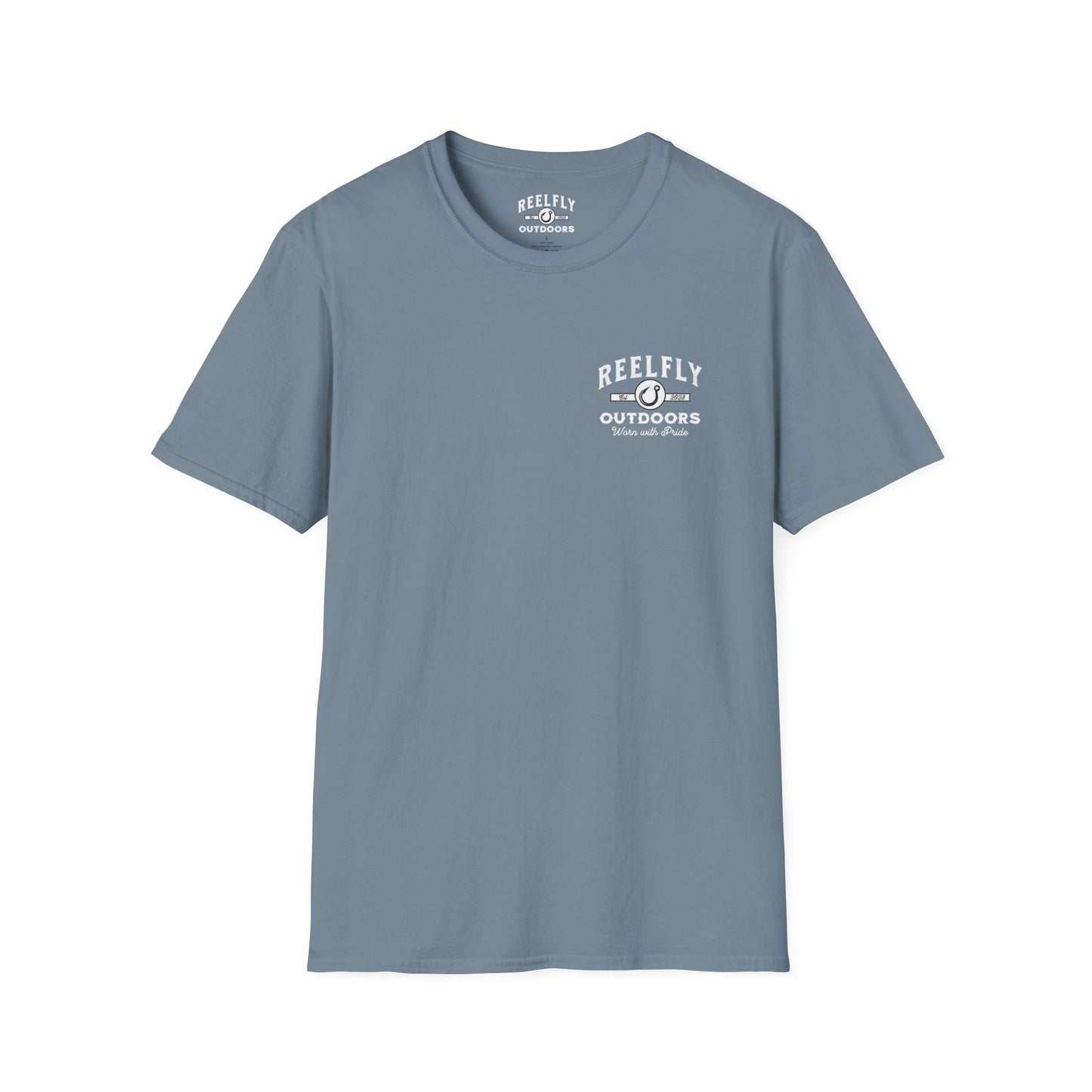 Front view of the Reelfly Outdoors Good Ole Boy T-Shirt in the color Stone Blue.