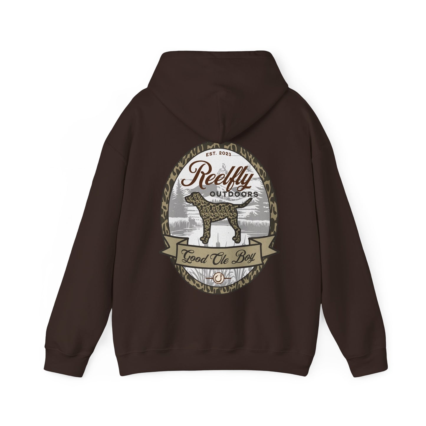 Back view of the Reelfly Outdoors Good Ole Boy hoodie in the color Dark Chocolate.