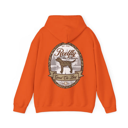 Back view of the Reelfly Outdoors Good Ole Boy hoodie in the color Orange.