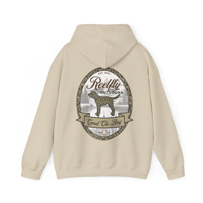 Back view of the Reelfly Outdoors Good Ole Boy hoodie in the color Sand.