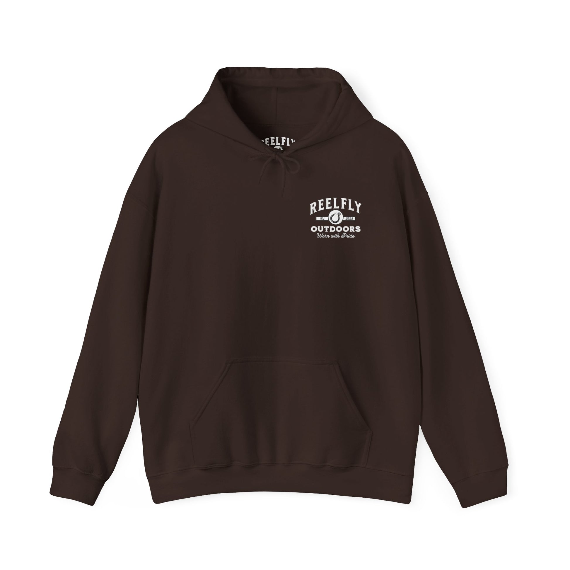 Front view of the Reelfly Outdoors Good Ole Boy hoodie in the color Dark Chocolate.