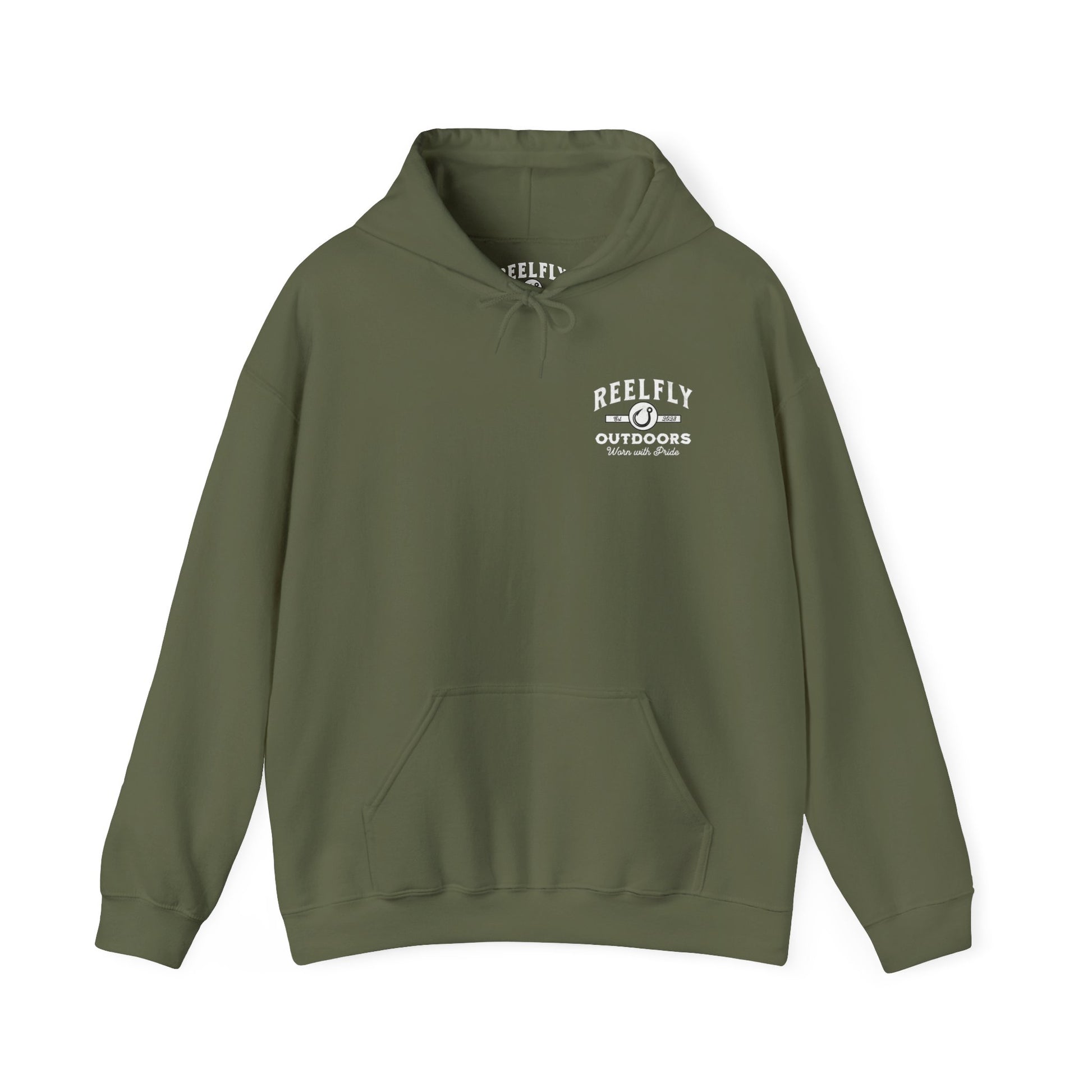 Front view of the Reelfly Outdoors Good Ole Boy hoodie in the color Military Green.