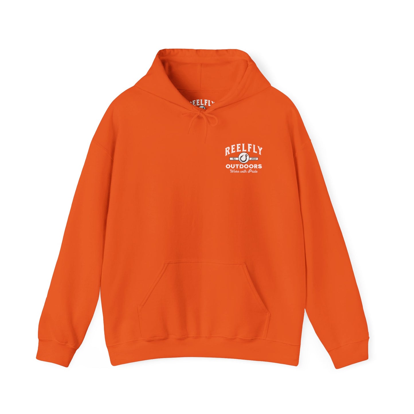 Front view of the Reelfly Outdoors Good Ole Boy hoodie in the color Orange.