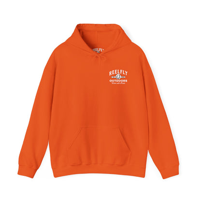 Front view of the Reelfly Outdoors Good Ole Boy hoodie in the color Orange.