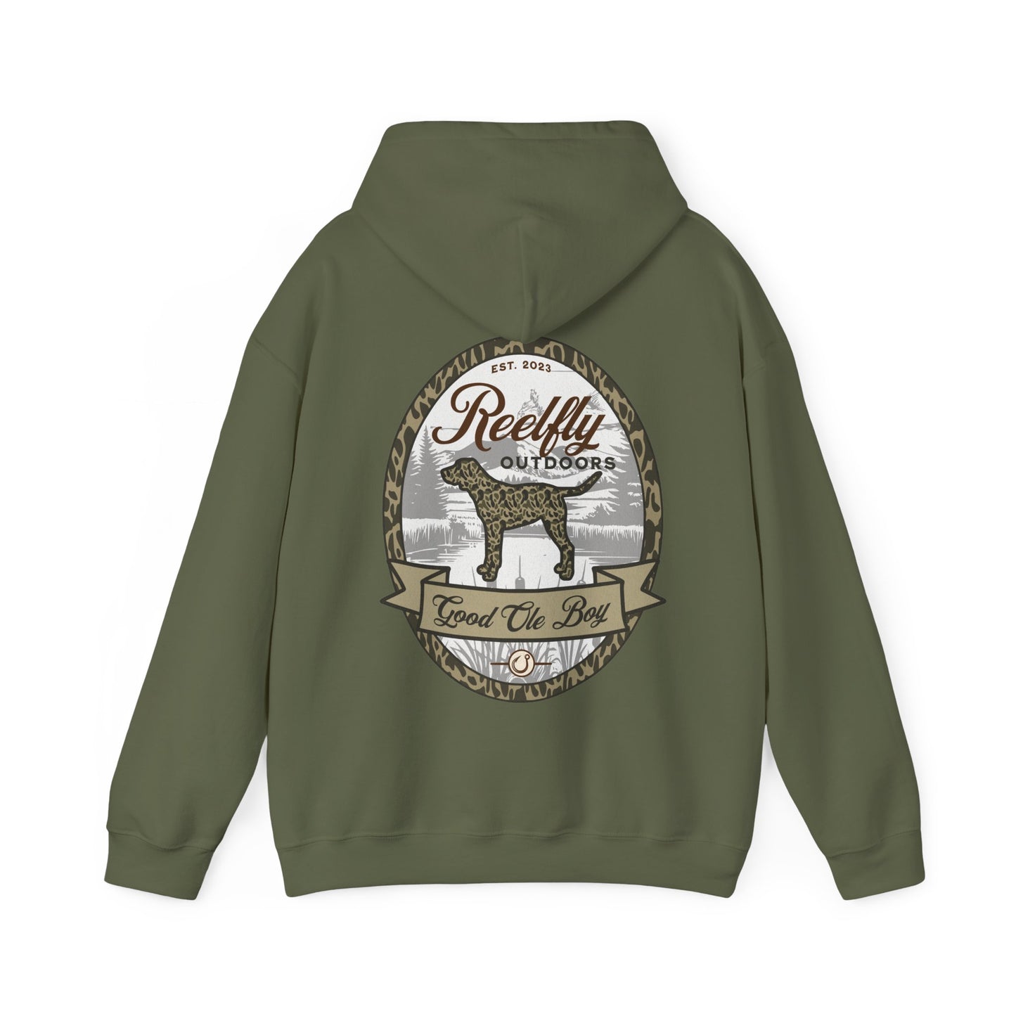 Back view of the Reelfly Outdoors Good Ole Boy hoodie in the color Military Green.