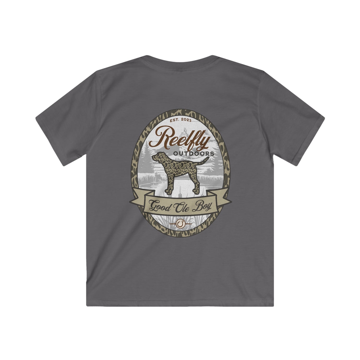 Back view of the Reelfly Outdoors Good Ole Boy Youth T-Shirt in the color Charcoal.