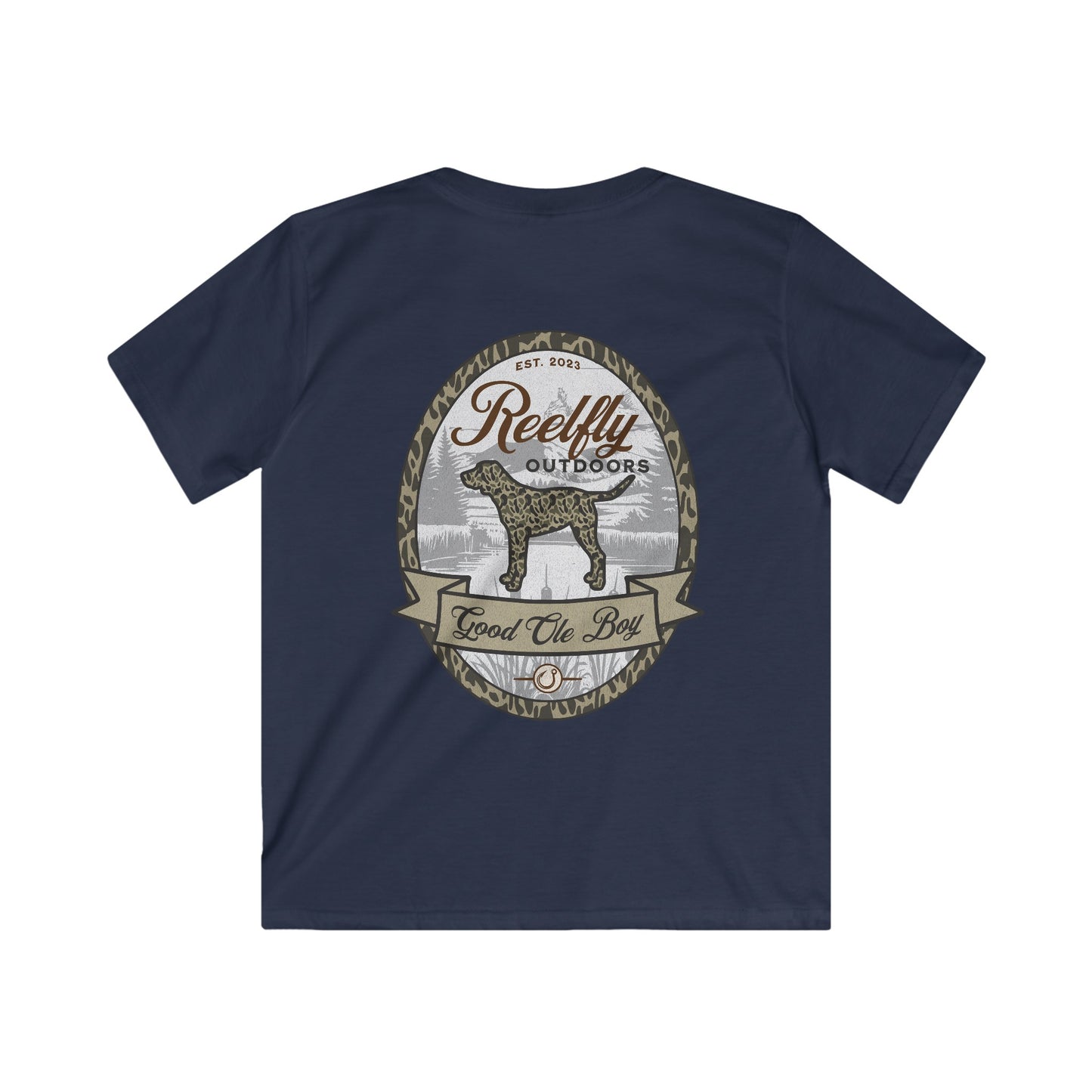 Back view of the Reelfly Outdoors Good Ole Boy Youth T-Shirt in the color Navy.