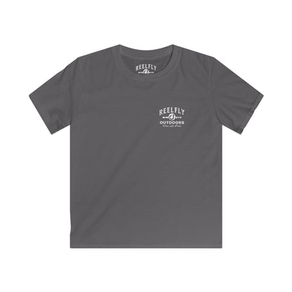 Front view of the Reelfly Outdoors Good Ole Boy Youth T-Shirt in the color Charcoal.