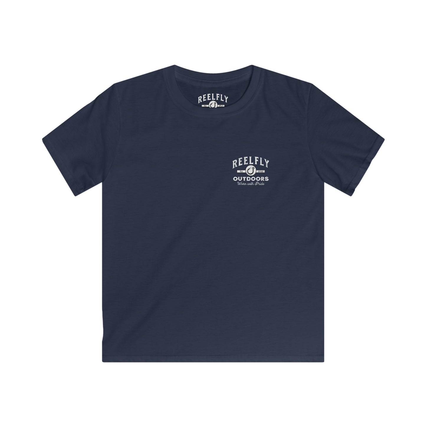 Front view of the Reelfly Outdoors Good Ole Boy Youth T-Shirt in the color Navy.