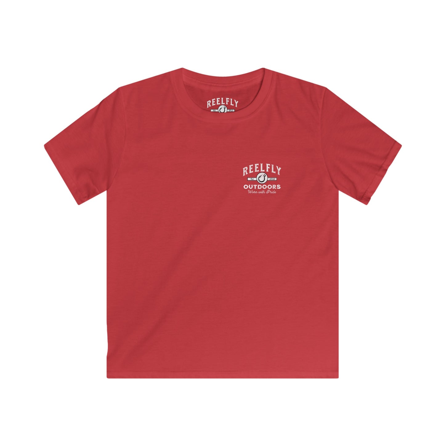 Front view of the Reelfly Outdoors Good Ole Boy Youth T-Shirt in the color Red.