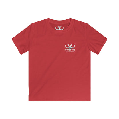 Front view of the Reelfly Outdoors Good Ole Boy Youth T-Shirt in the color Red.