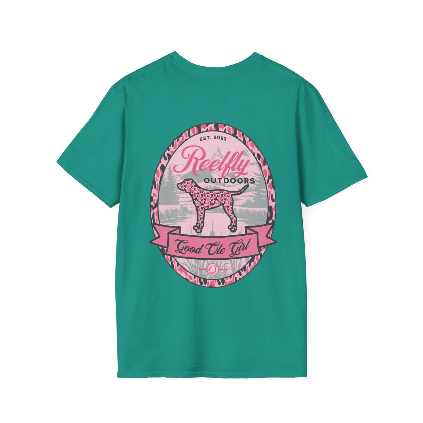 Back view of the Reelfly Outdoors Good Ole Girl T-Shirt in the color Jade Dome.