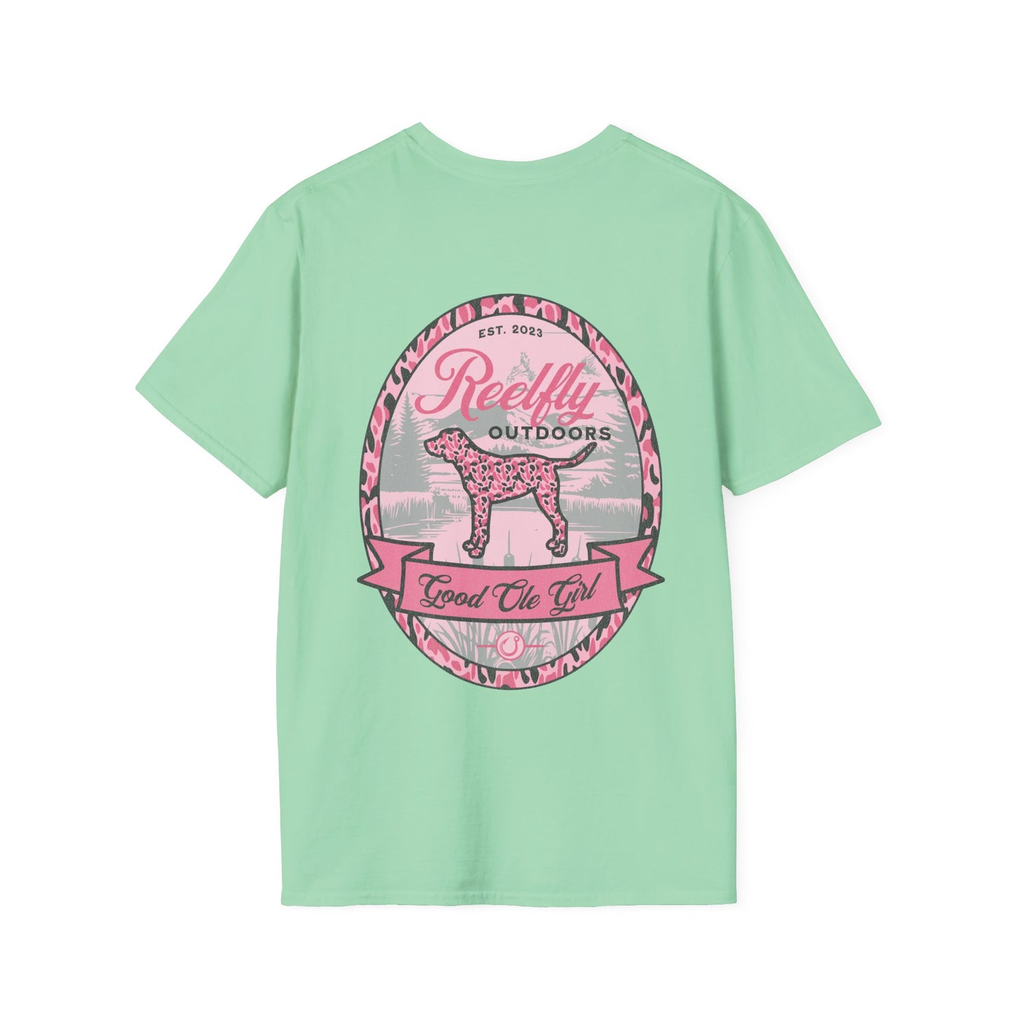 Back view of the Reelfly Outdoors Good Ole Girl T-Shirt in the color Mint Green.