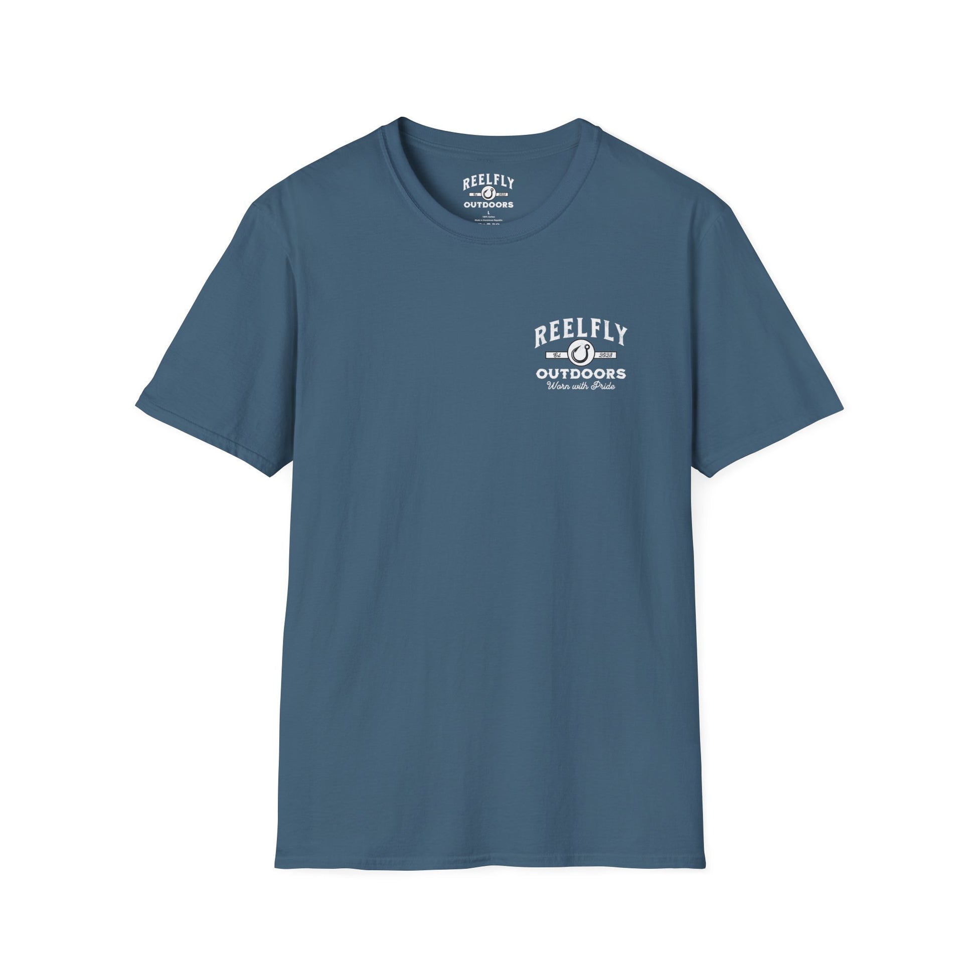 Front view of the Reelfly Outdoors Good Ole Girl T-Shirt in the color Indigo Blue.