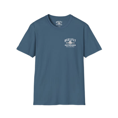 Front view of the Reelfly Outdoors Good Ole Girl T-Shirt in the color Indigo Blue.