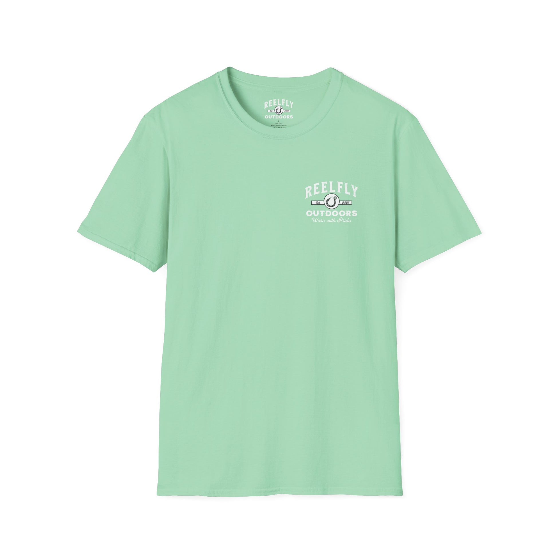 Front view of the Reelfly Outdoors Good Ole Girl T-Shirt in the color Mint Green.