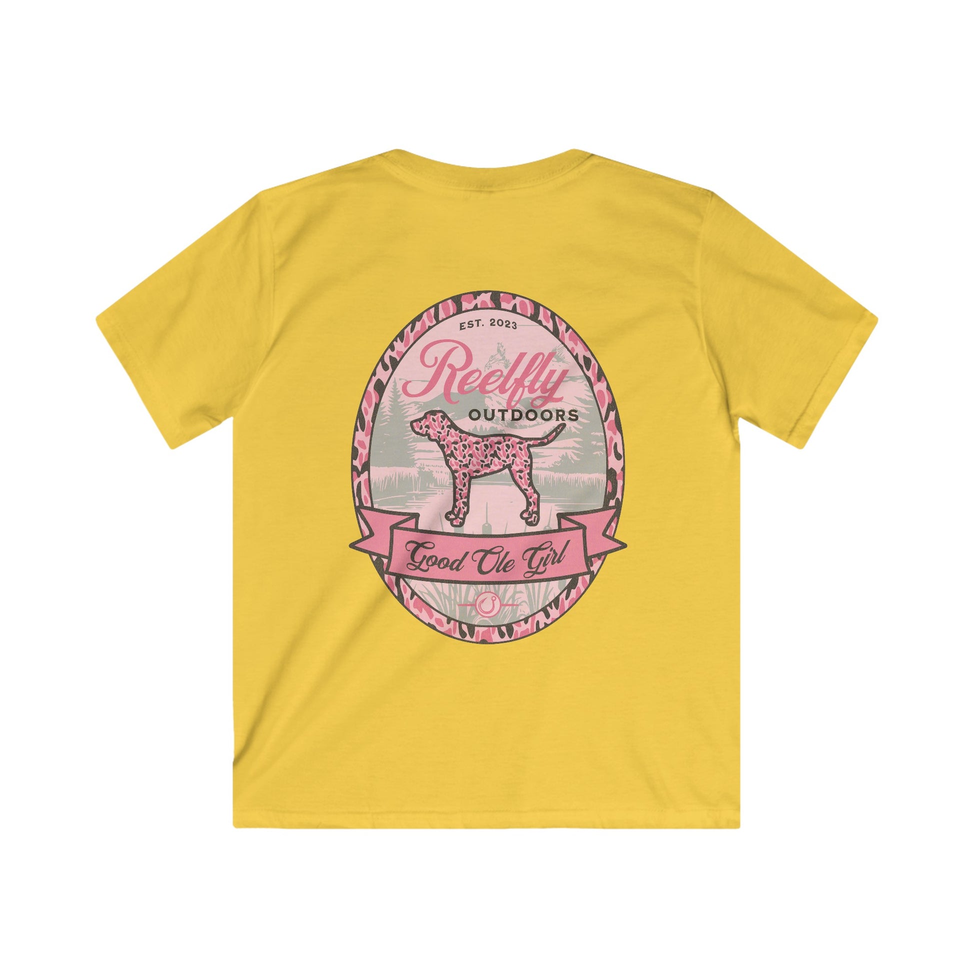 Back view of the Reelfly Outdoors Good Ole Girl Youth T-Shirt in the color Daisy.