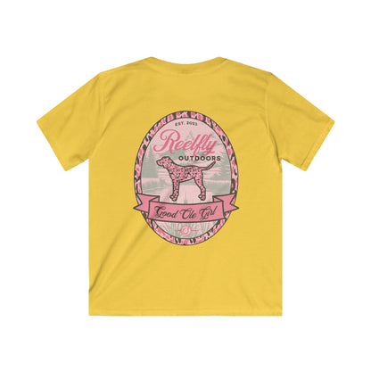 Back view of the Reelfly Outdoors Good Ole Girl Youth T-Shirt in the color Daisy.