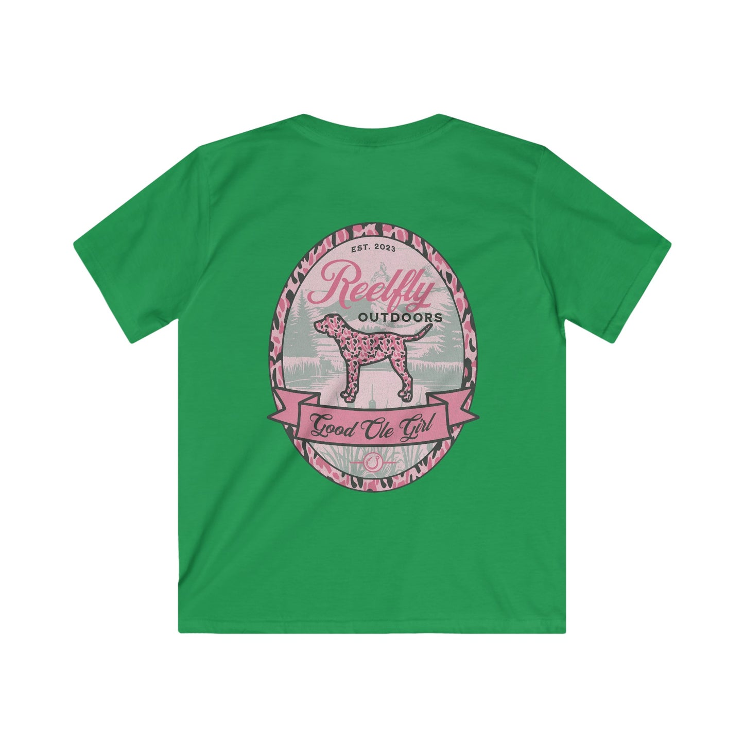 Back view of the Reelfly Outdoors Good Ole Girl Youth T-Shirt in the color Irish Green.