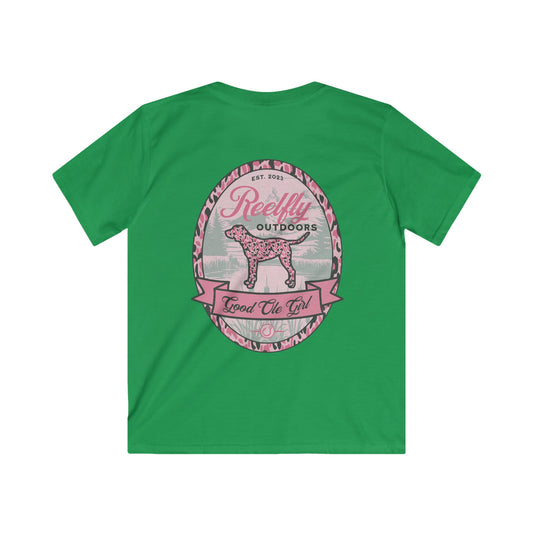 Back view of the Reelfly Outdoors Good Ole Girl Youth T-Shirt in the color Irish Green.