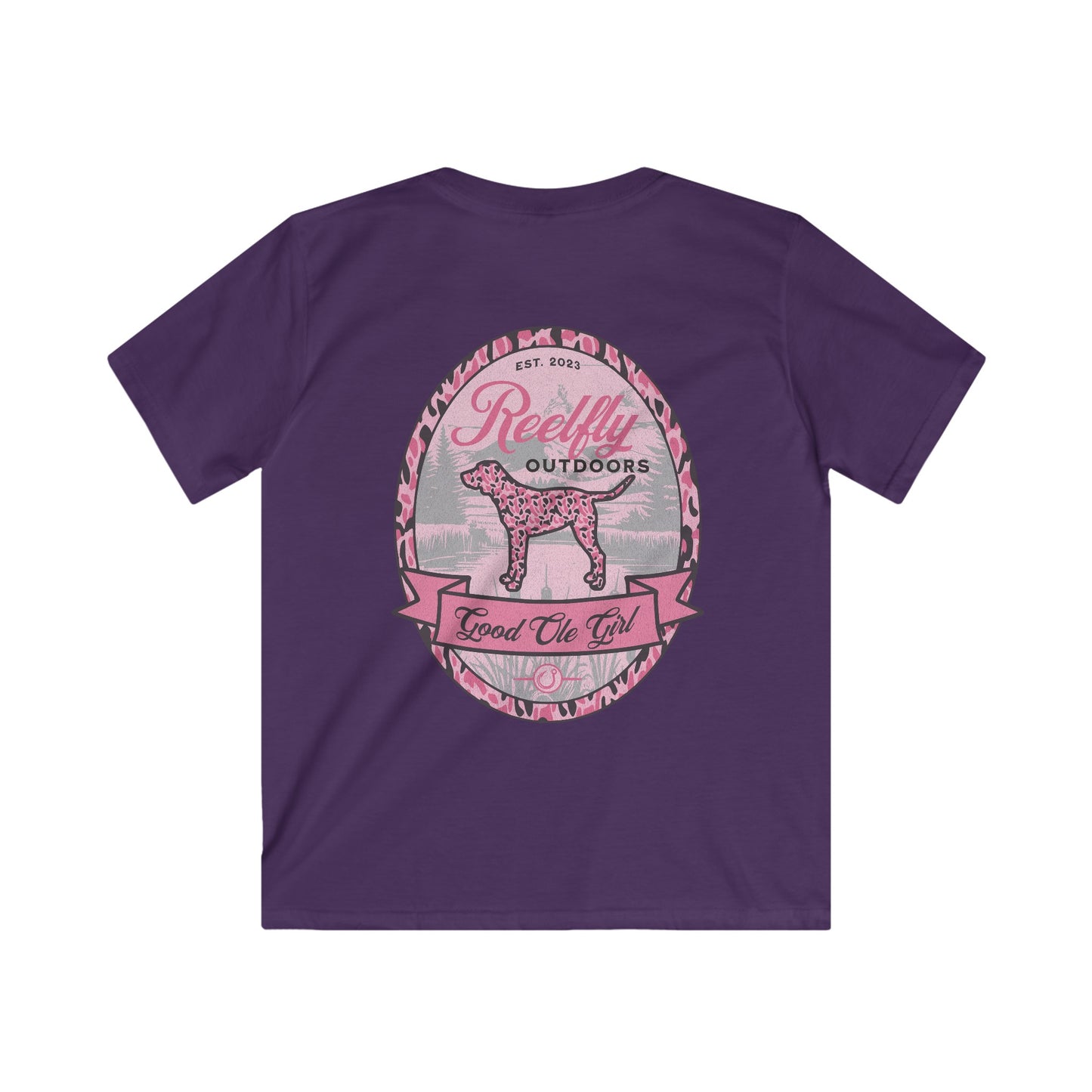 Back view of the Reelfly Outdoors Good Ole Girl Youth T-Shirt in the color Purple.