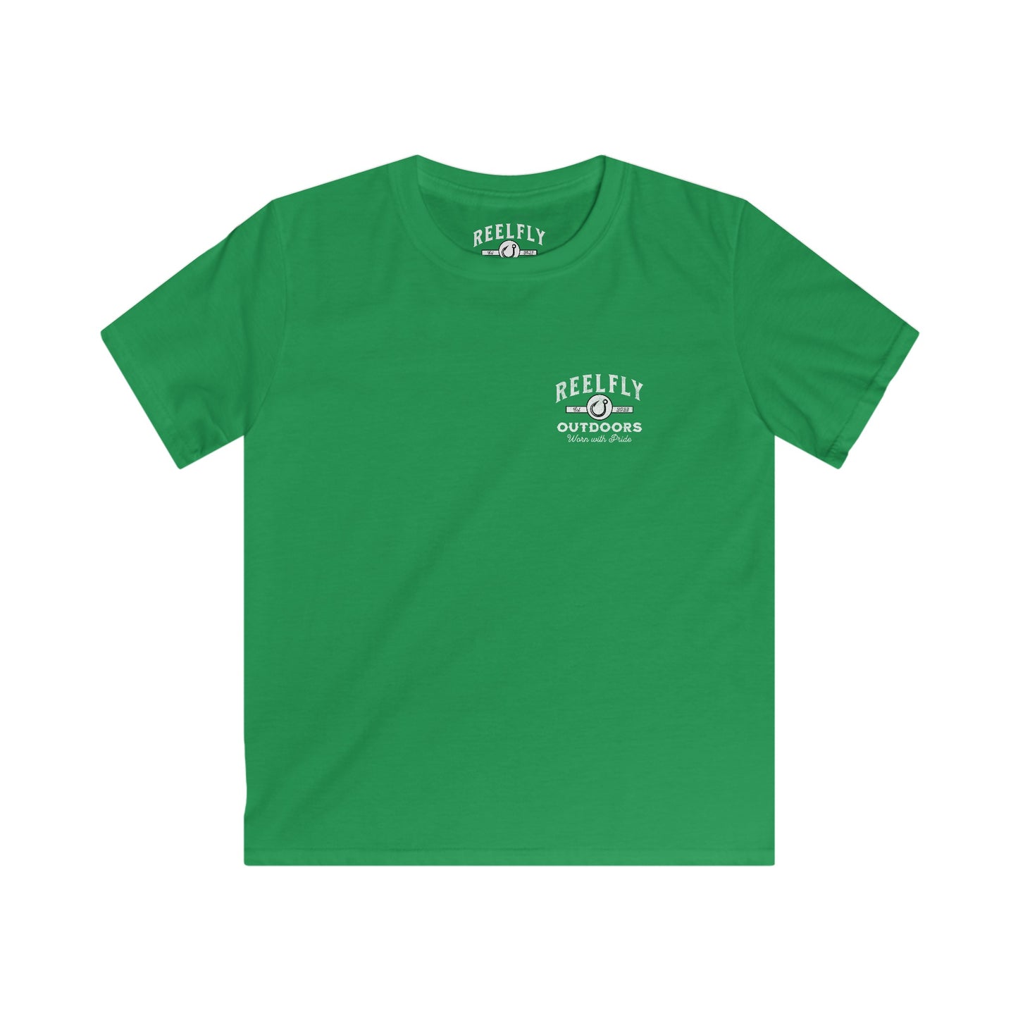 Front view of the Reelfly Outdoors Good Ole Girl Youth T-Shirt in the color Irish Green.