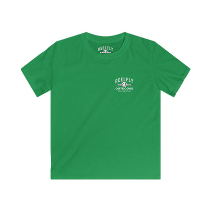 Front view of the Reelfly Outdoors Good Ole Girl Youth T-Shirt in the color Irish Green.