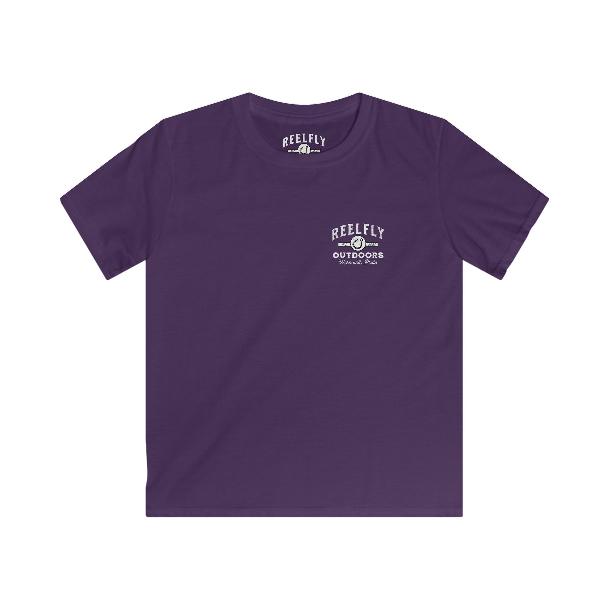 Front view of the Reelfly Outdoors Good Ole Girl Youth T-Shirt in the color Purple.